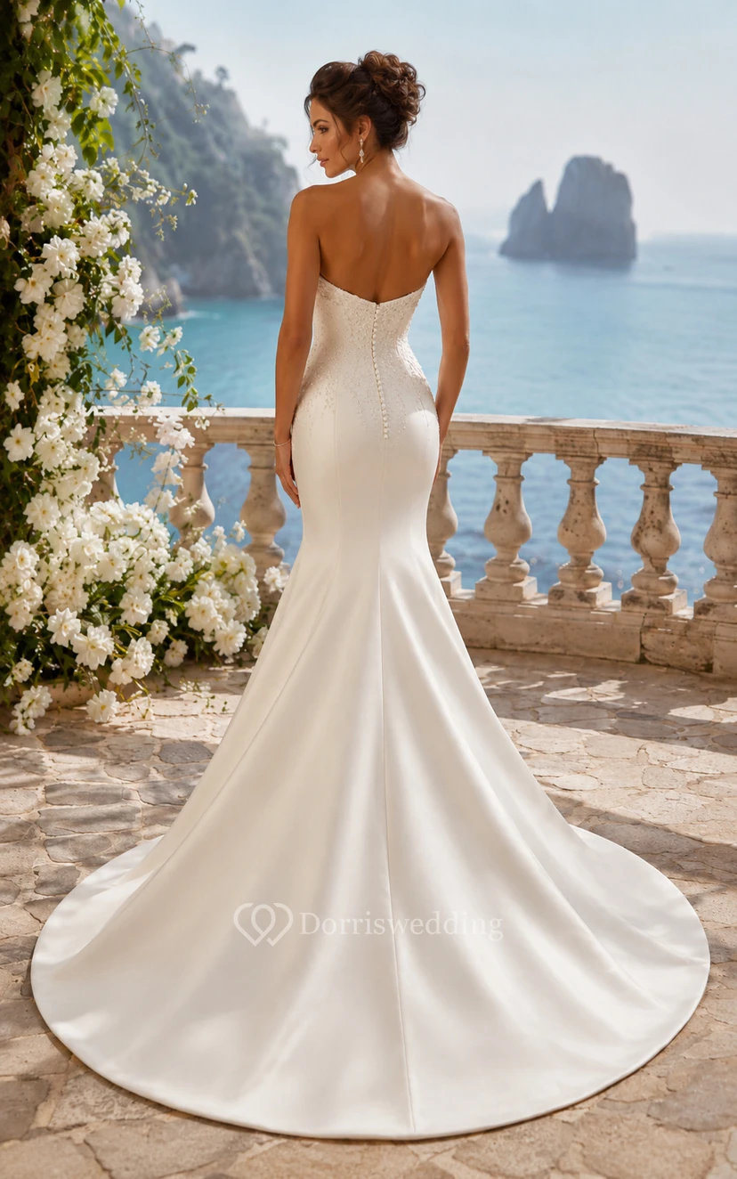 Strapless Satin Mermaid Wedding Dress with Sweetheart Neckline and Sweep Train view 2