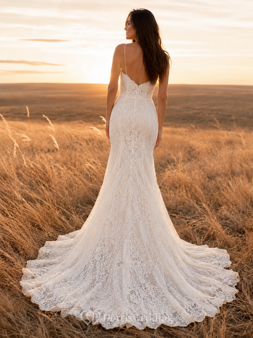 Brautkleid im Meerjungfrauen-Stil mit Herzausschnitt und goldenem Grasland-Muster für eine intime Hochzeit view 2