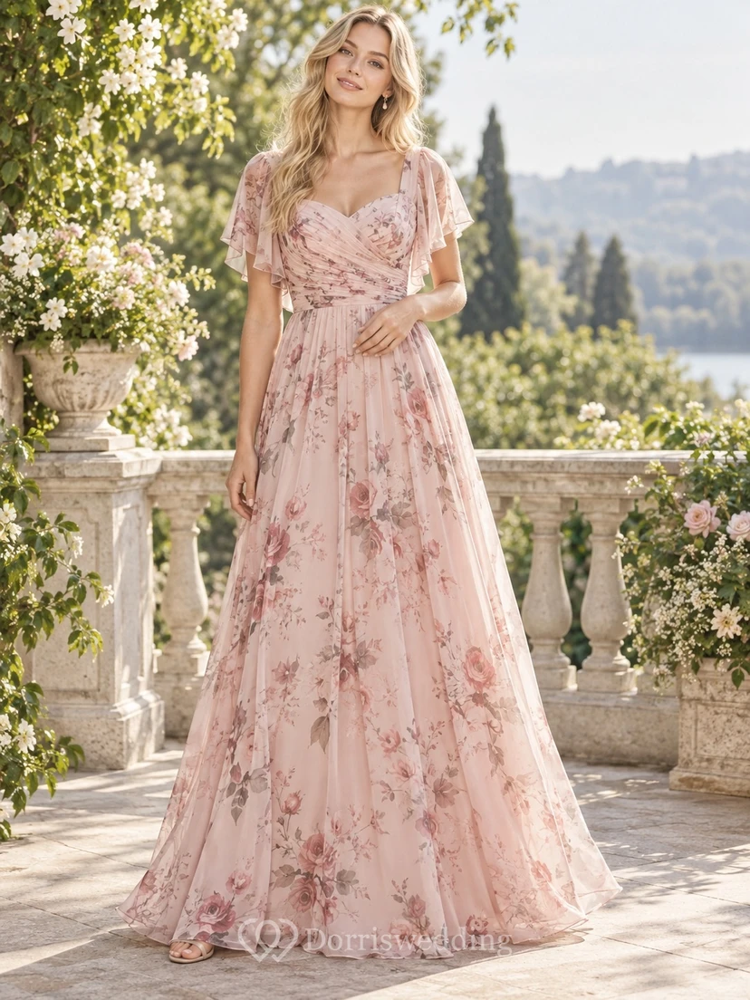 Vestido de dama de honor de gasa rosa rubor con mangas acampanadas, escote en V y largo hasta el suelo.