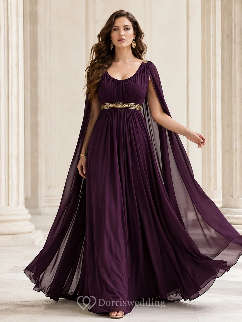 Plum V-Neck Long Sleeve Chiffon Cape A-Line Floor Evening Dress