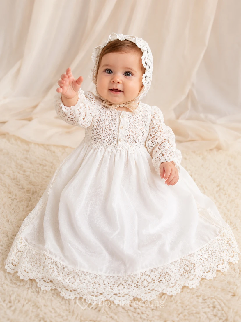 Crochet Lace Baby Baptism A-Line Long Sleeve Scalloped Hem Dress Vintage Romantic Adorable Satin