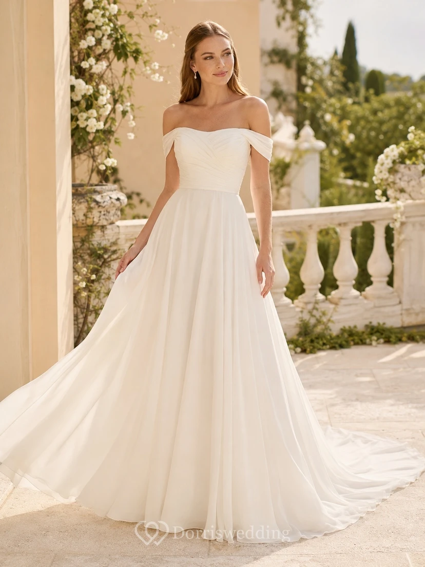 Romantic Bridal Chiffon Off-the-shoulder Short Sleeve A-Line Sweep Train Gown