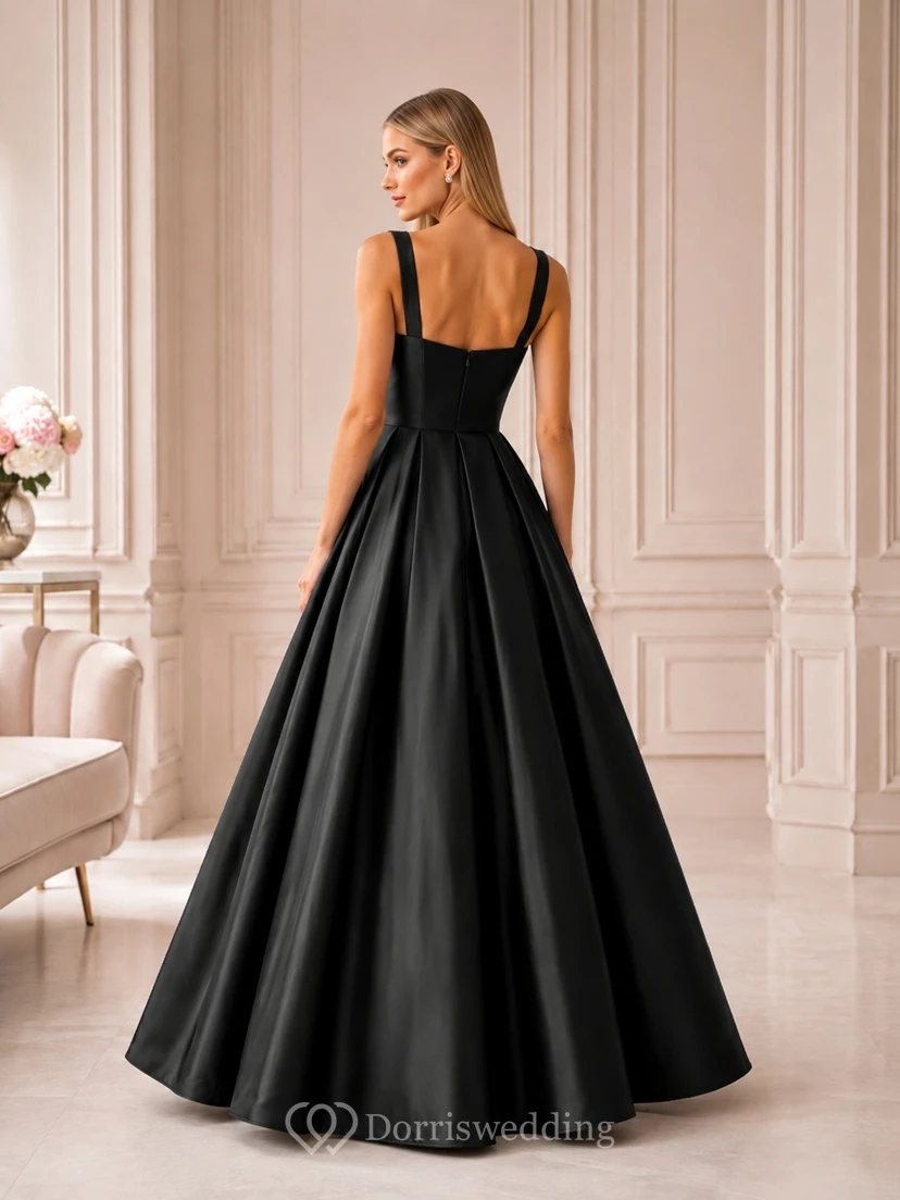 Modern Black Satin Ball Gown Floor-Length Square Neck Straps Formal Dress view 2