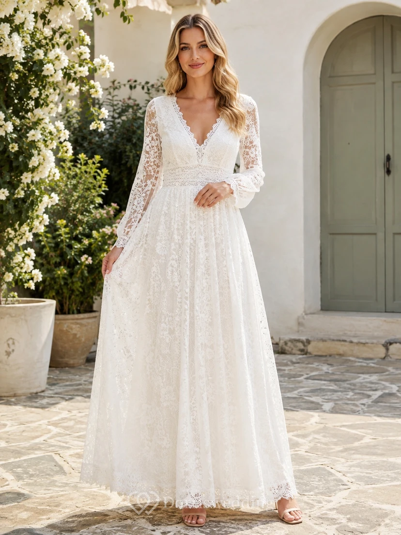 Long Sleeve Deep-V Lace A-Line Floor-Length Boho Romantic Wedding Dress