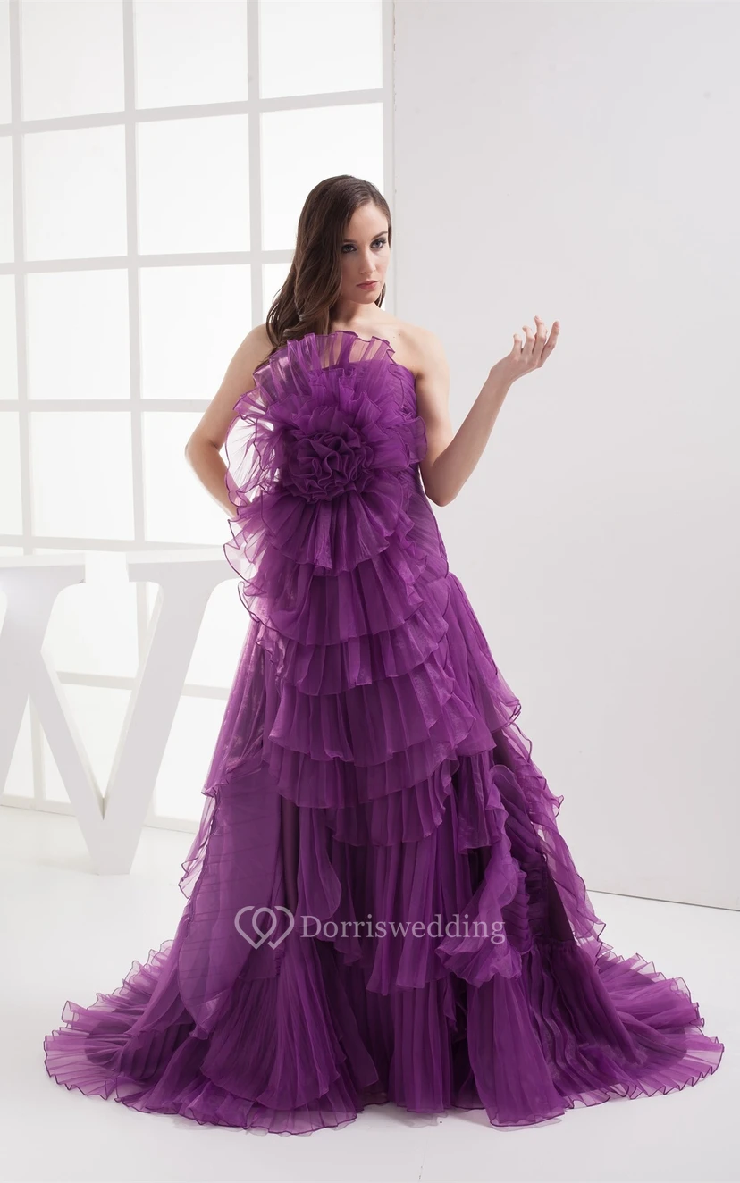 Floral A-Line Ruched Sweep Train and Gown With Tiers view 3
