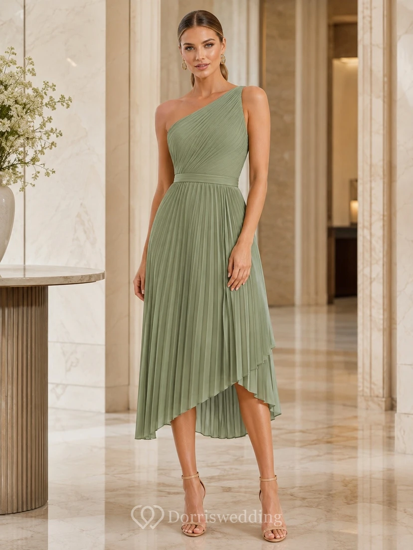 Sage Satin One-Shoulder Pleated Sheath Tea-length Formal Dress