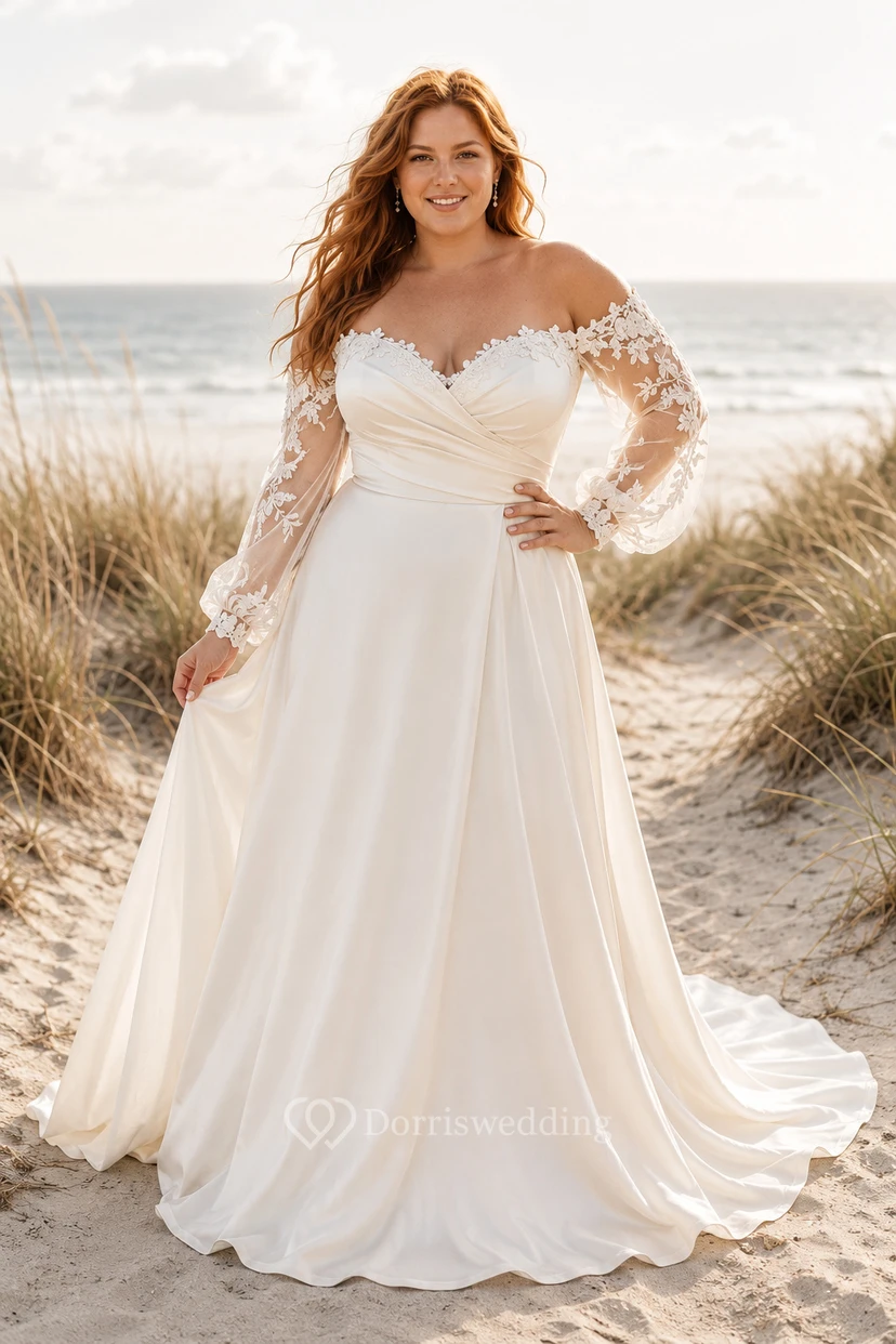 Vestido de novia de gasa color marfil de talla grande, corte en A, con hombros descubiertos y mangas de encaje.