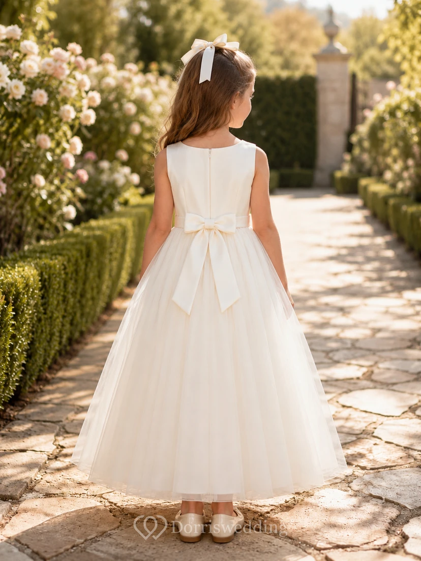 Blumenmädchenkleid aus champagnerfarbenem Tüll, A-Linie, Rundhalsausschnitt, Teelänge, Schleife am Rücken view 2