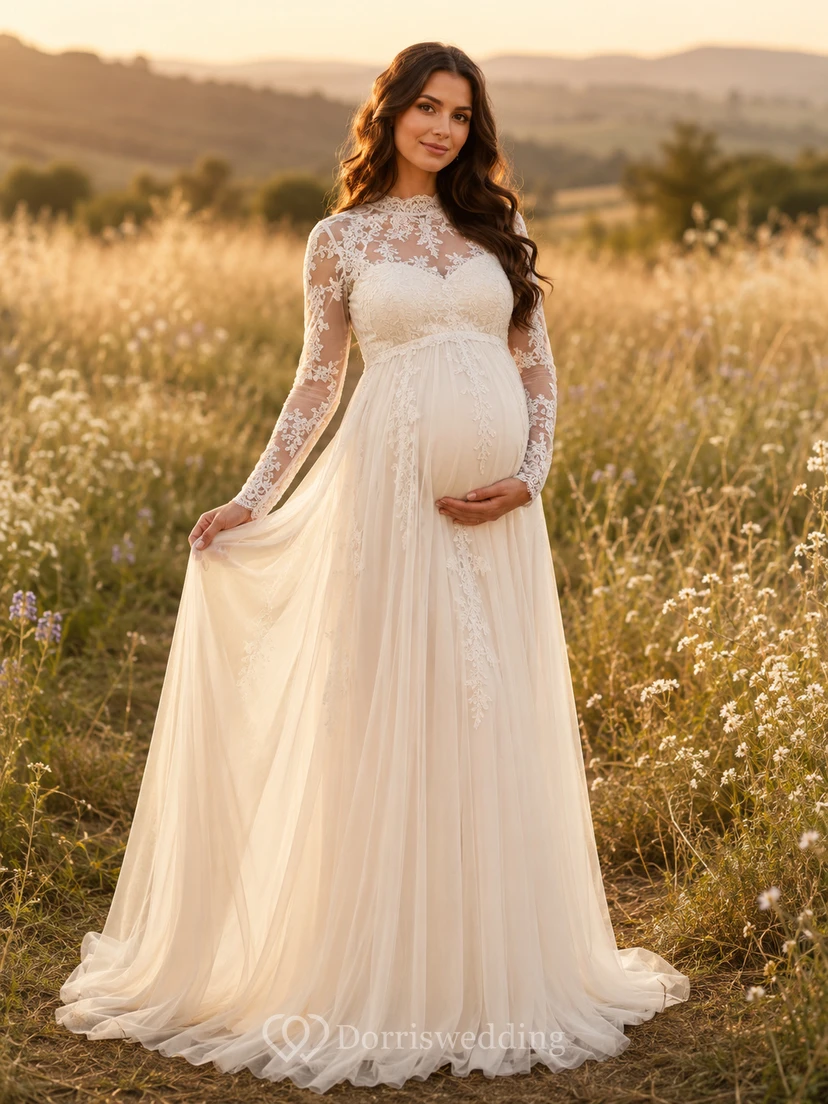 Vestido de novia premamá de cuello alto, manga larga, corpiño de encaje, corte en A, tul, estilo campestre.
