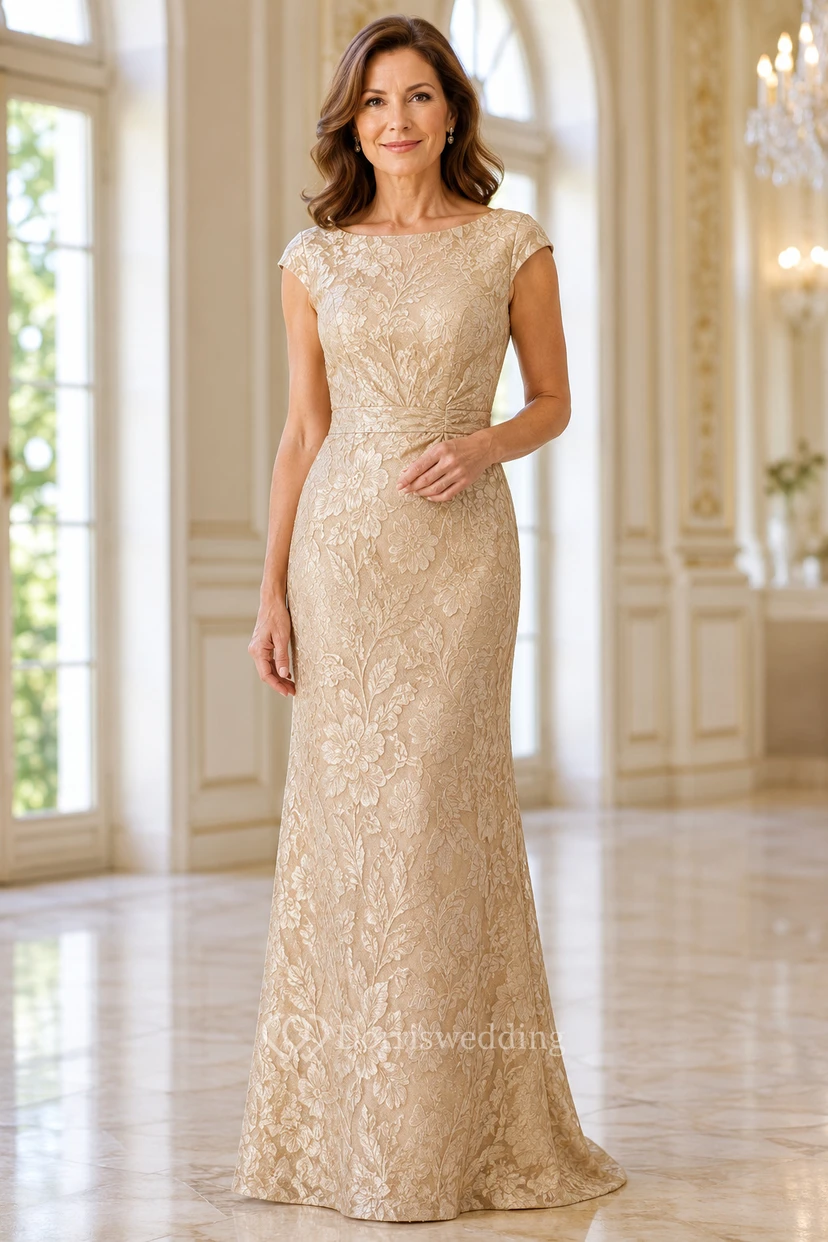 Champagne Cap Sleeve Lace Sheath Mother Dress