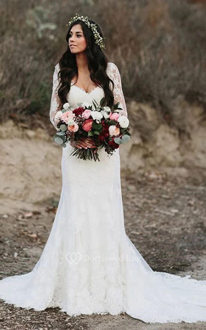 Long Sleeve Deep-v Back Lace Sheath Casual Outdoor Vintage Wedding Dress view 4