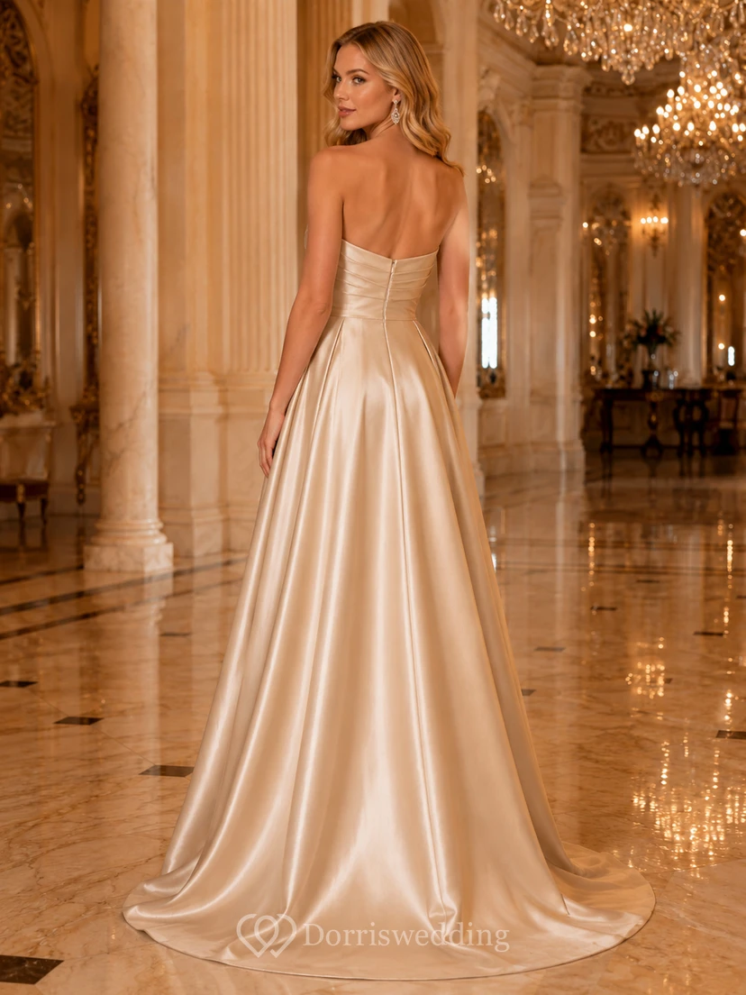 Vestido de fiesta largo hasta el suelo, color champán, de satén, sin tirantes, con escote corazón y corte en A. view 2