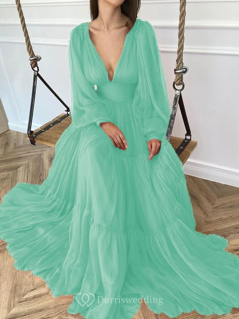 Sexy V-neck Puff Long Sleeve Chiffon Layered Empire Dress view 30