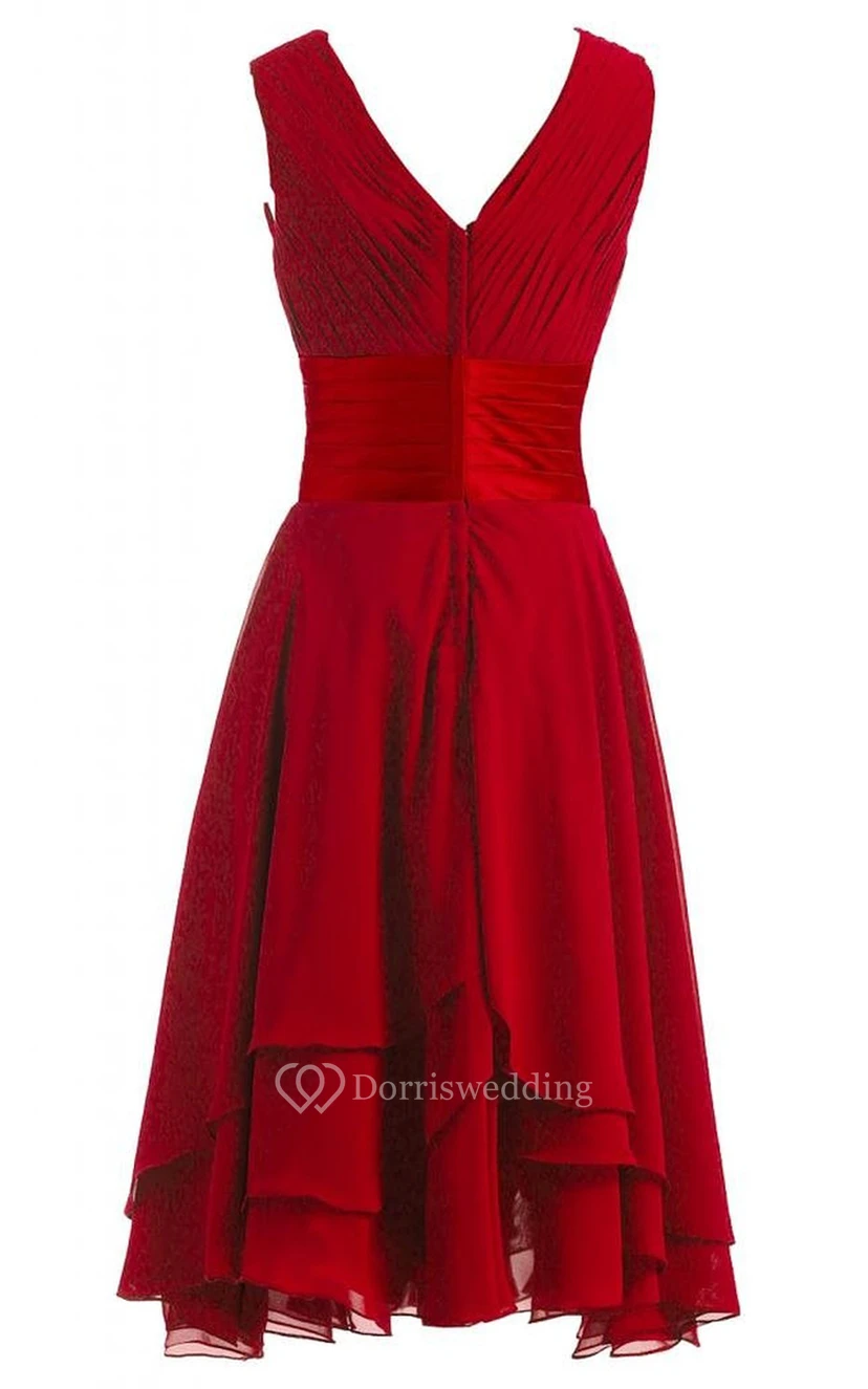 V-neckline Pleated Layered Dress With Satin Belt view 2