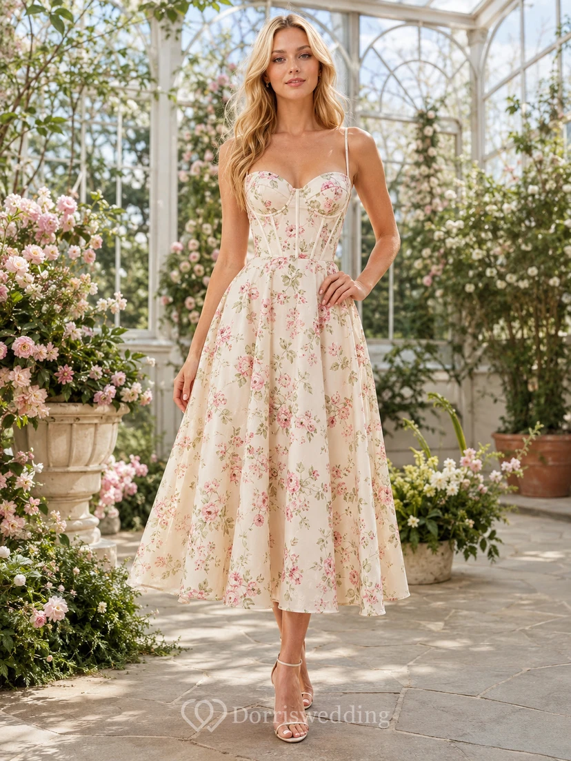 Light Floral Corset Bodice Spaghetti Strap Midi Dress