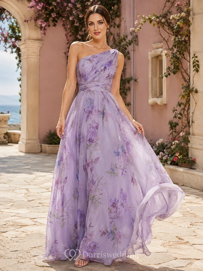 Lavender Floral One-Shoulder Chiffon A-Line Floor-Length Romantic Summer Gown