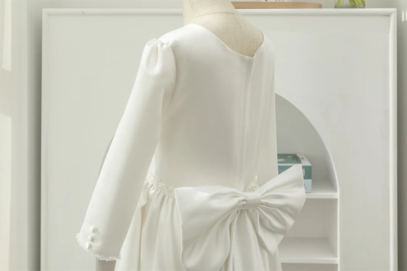 Modest Long Sleeve Scoop-neck Satin A-line Beaded Flowergirl Dress view 10