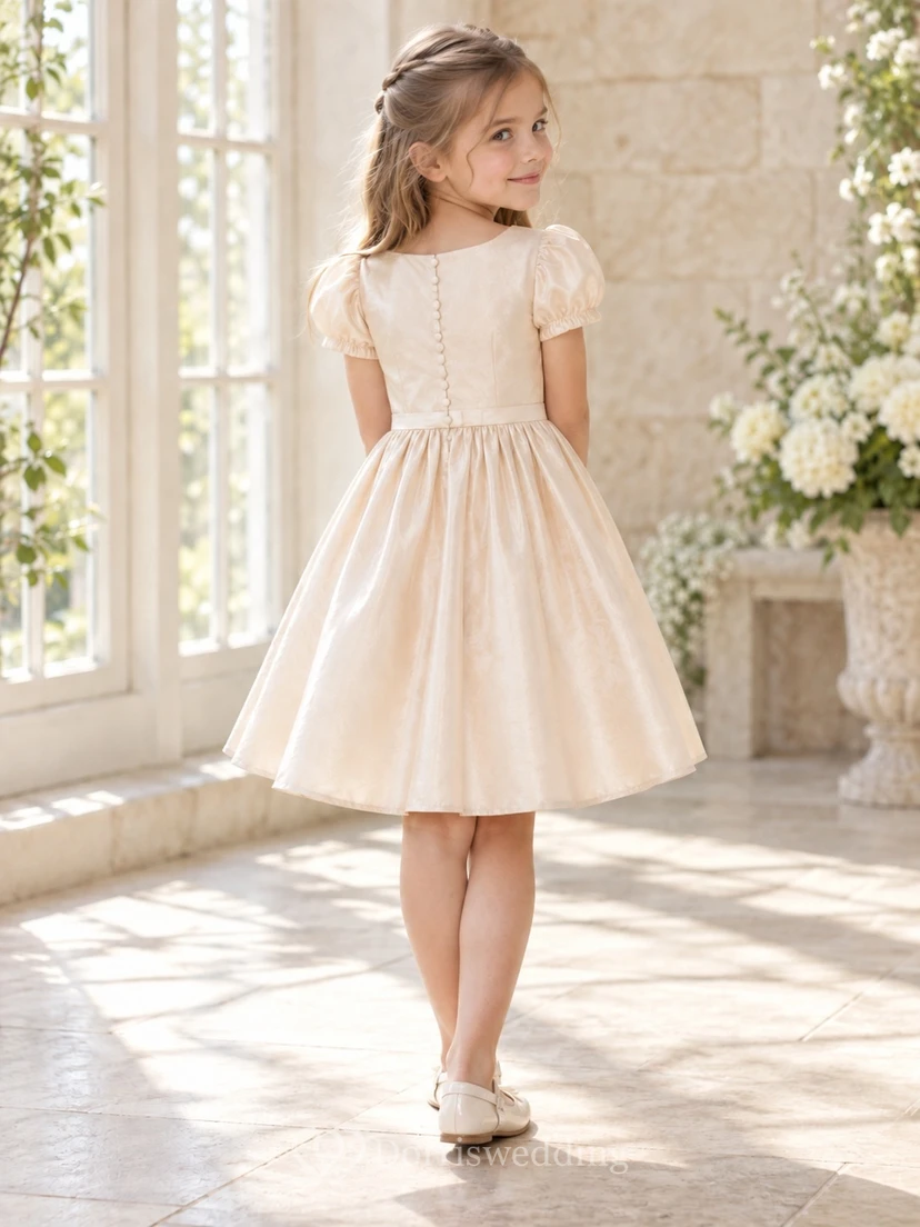 Champagne Knee-length Square-Neck Round-Puff-Sleeve Thin-Cream-Belt Flat-Bow Full Gathered Taffeta Close-Button-Back Flowergirl Dress view 2
