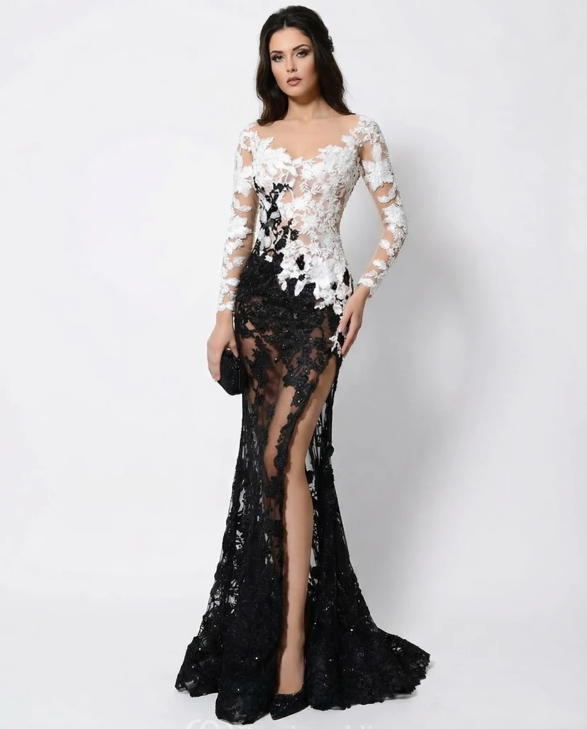 Vestido de fiesta de sirena con apliques de encaje monocromático