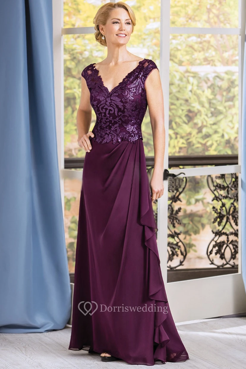 Cap-Sleeved V-Neck Long Mother Of The Bride Dress With Ruffles And V-Back