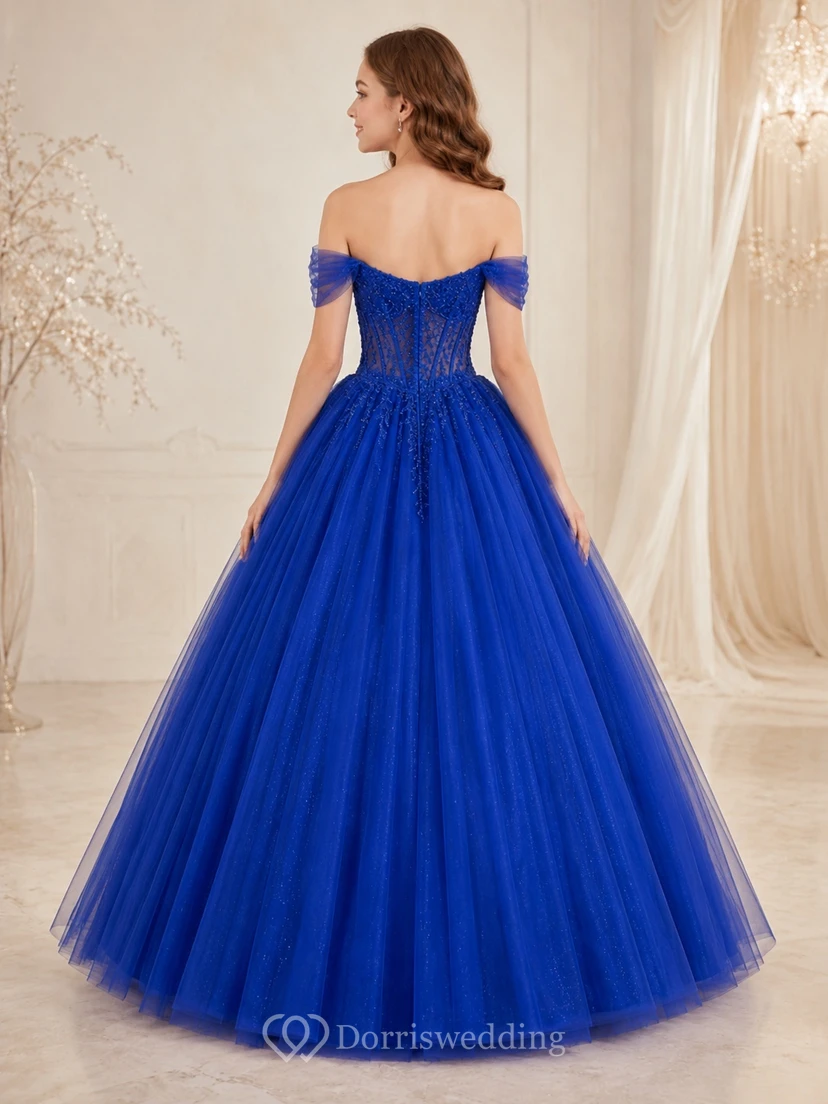 Royal Blue Off-shoulder Tulle Ball Gown Floor-length Sparkling Prom Formal Dress view 2