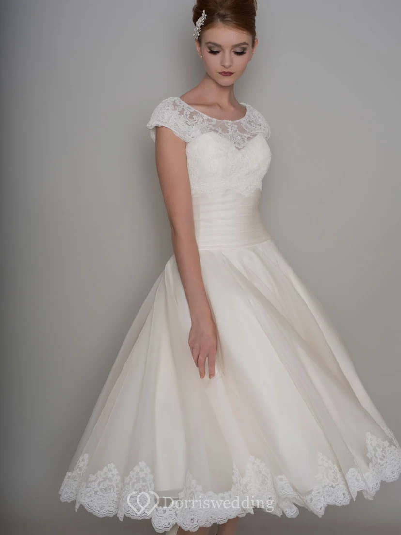 Tea-Length A-Line Scoop Neck Appliqued Cap Sleeve Tulle Wedding Dress view 4