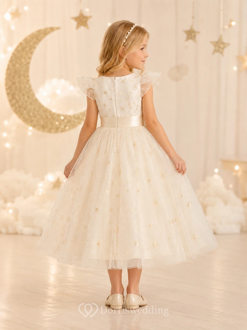 Cream Romantic A-Line Tulle Flower Girl Dress Cap Sleeve Bateau Neck Tea-Length Star Applique view 2