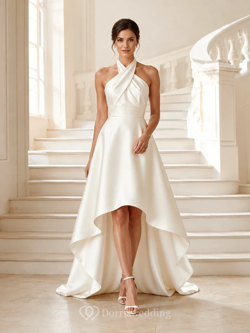 Simple High-low Sleeveless Bridal Ceremony Formal Halter A-line Dress