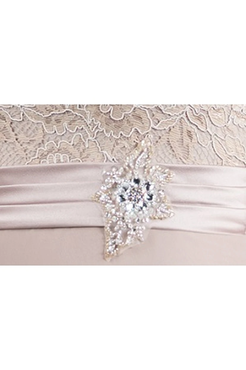 Langes, bodenlanges A-Linien-Kleid mit Rundhalsausschnitt, kurzen Ärmeln, Spitzenoberteil und Kristallverzierungen an der Taille – perfekt für die Mutter der Braut. view 2