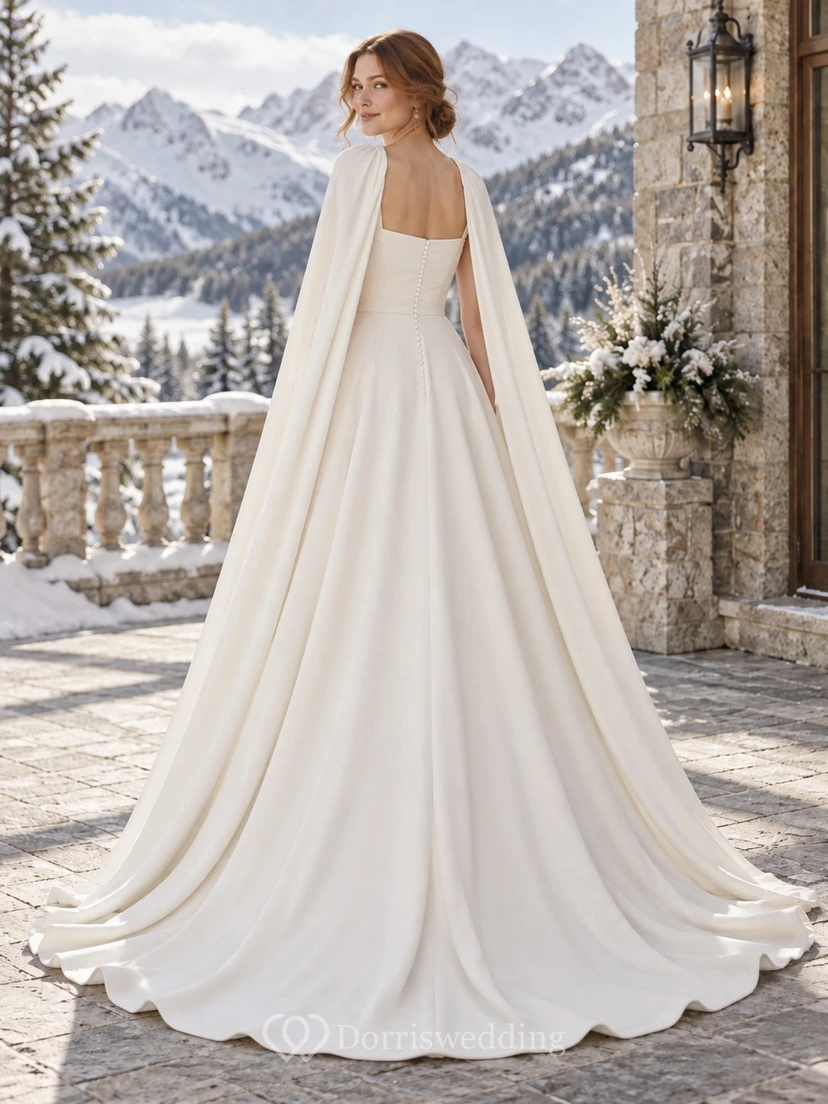 Schlichtes, eckiges Winter-Brautkleid mit gerafftem Oberteil und drapiertem Cape in A-Linie view 2