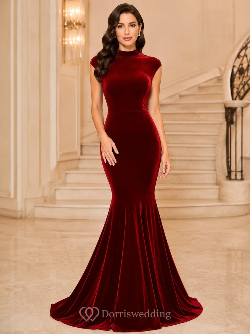 Red High Neck Sleeveless Velvet Mermaid Sweep Train Dress