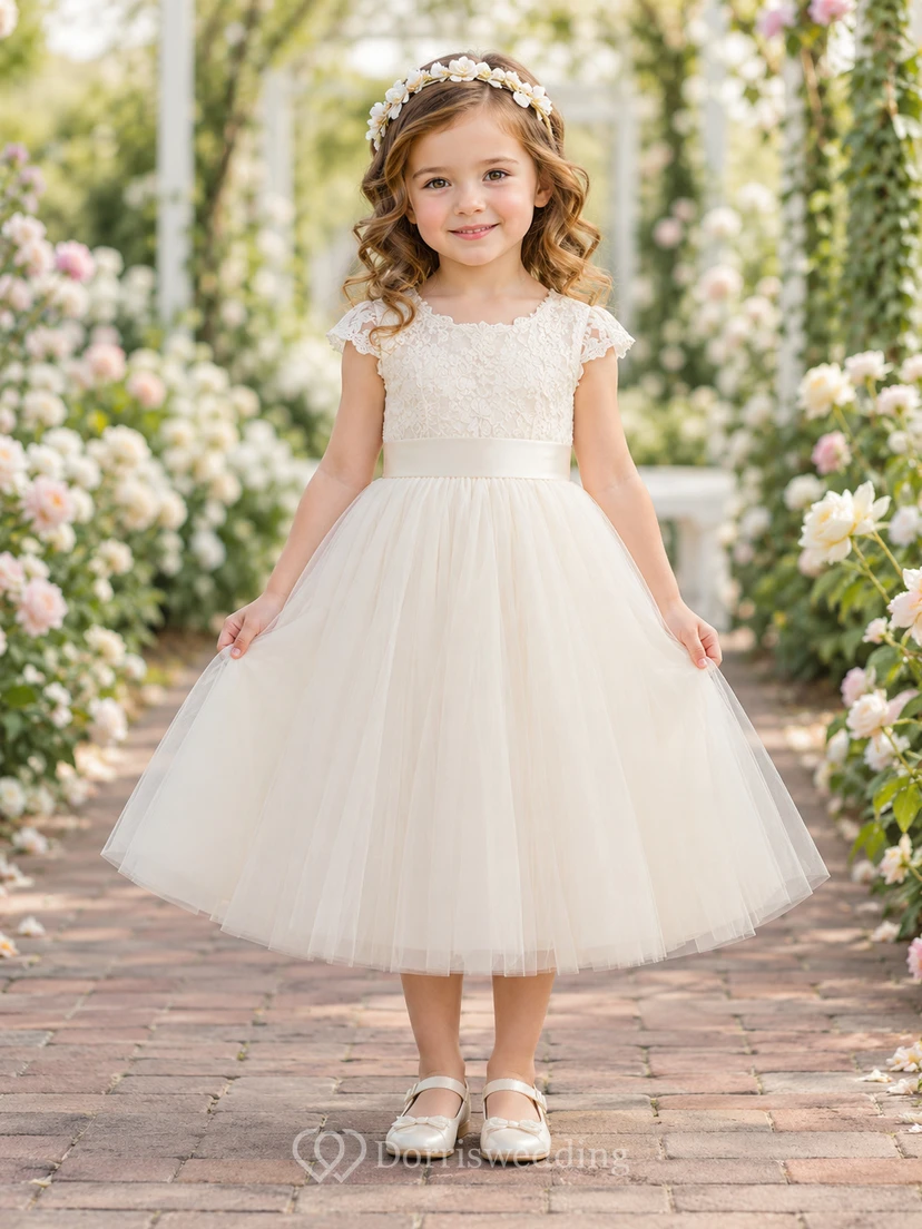 Vestido de niña de flores color marfil. Sencillo, largo hasta la rodilla, corte en A, encaje festoneado, manga corta, tul, satén, cintura.