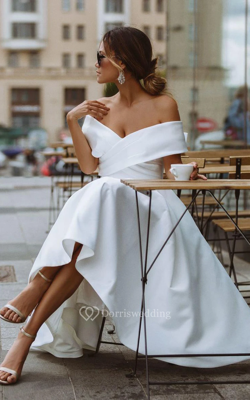Vintage A Line Off-the-shoulder Satin Tea-length Sleeveless Wedding Dress with Criss Cross and Ruching view 3