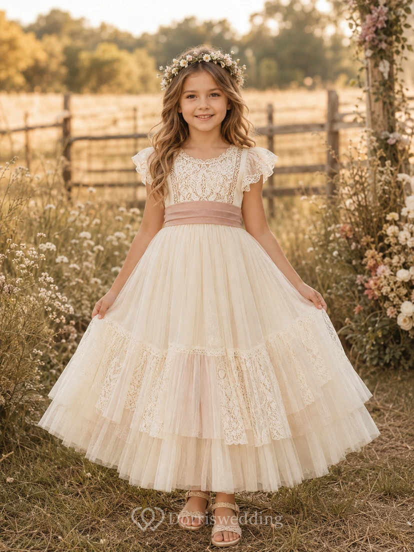 Blumenmädchenkleid aus elfenbeinfarbenem Tüll, A-Linie, Rundhalsausschnitt, Teelänge, mit Schärpendetails