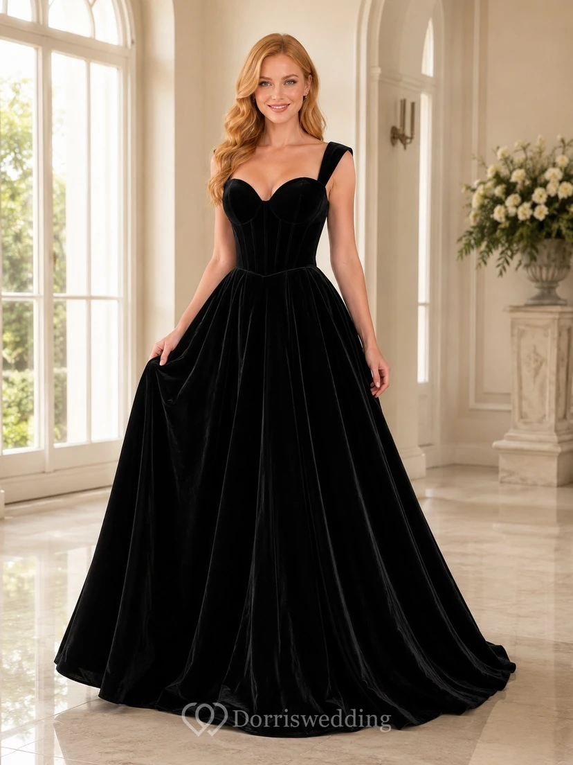 Black Sweetheart Wide Strap Velvet Ball Gown Floor-Length Luxury Formal Dress