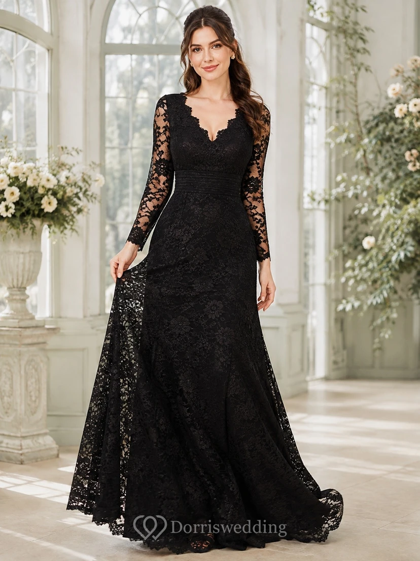 Black Lace Scalloped-Neck Long-Sleeve A-Line Sweep-Train Romantic Evening-Gown
