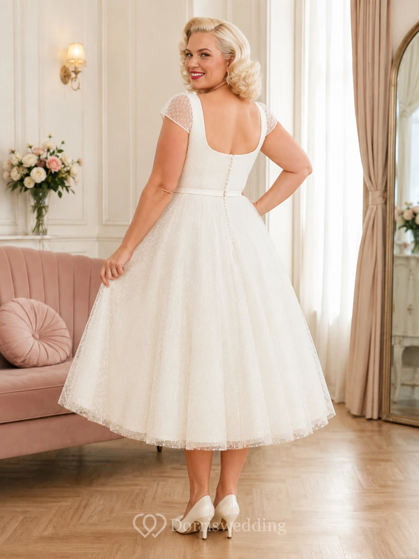 Vestido de novia romántico y elegante de tul con tirantes cuadrados y largo hasta la rodilla, talla grande view 2