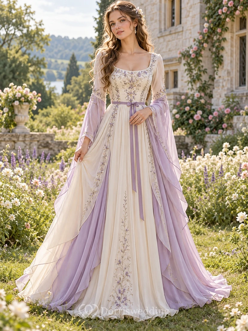 Medieval Lavender Floral Long Bell Sleeve Panelled Bridesmaid Dress