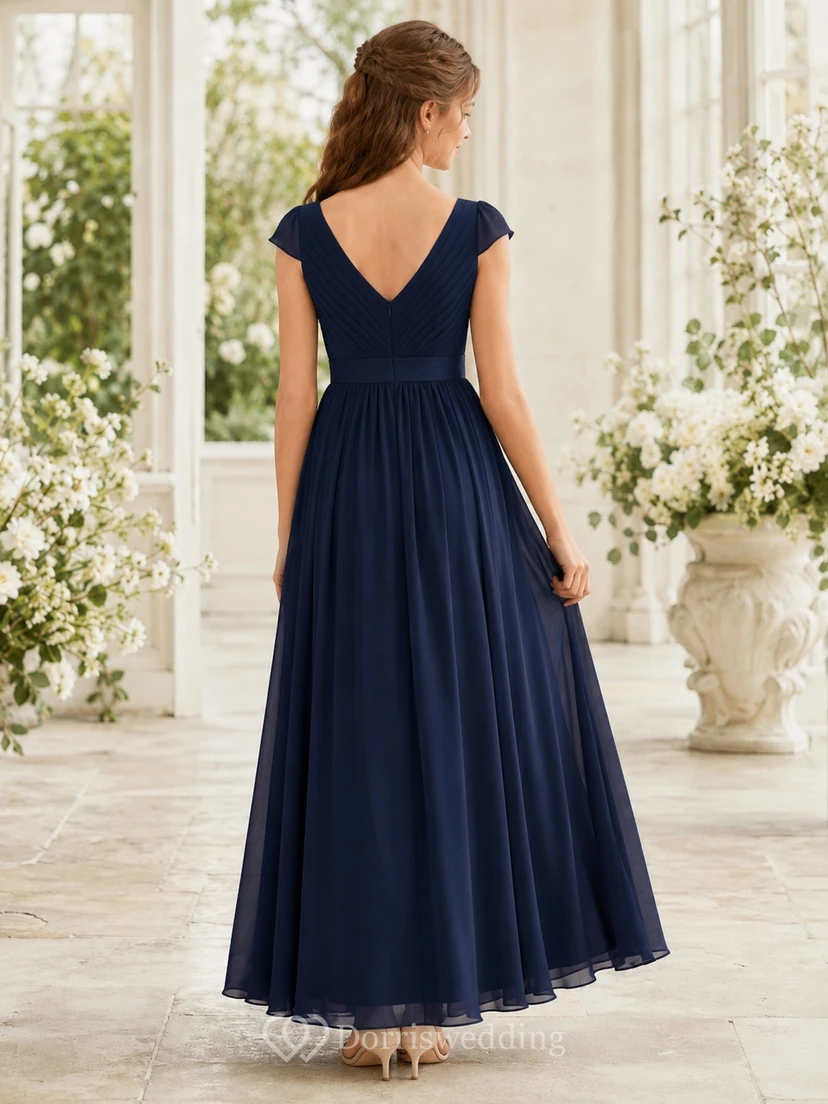 Ink Navy Junior Bridesmaid Dress A-Line Floor-Length V-Neck Short Sleeve Cap Detail Romantic view 2