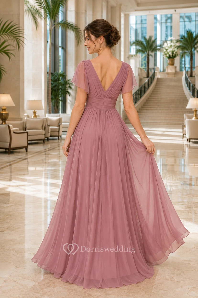 Robe de soirée en mousseline rose poudré, coupe trapèze, col V, manches courtes, longueur au sol view 2