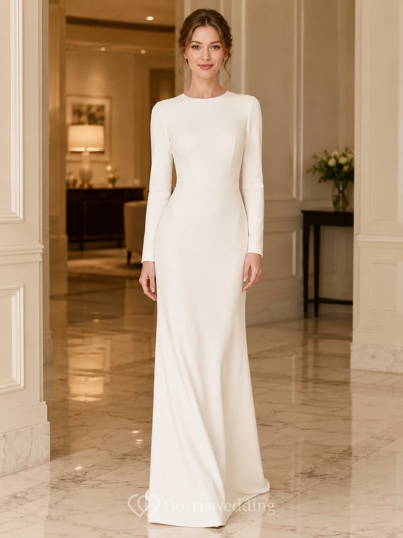 Simple Jewel Neck Long Sleeve Satin Sheath Floor Length Modest Wedding Dress