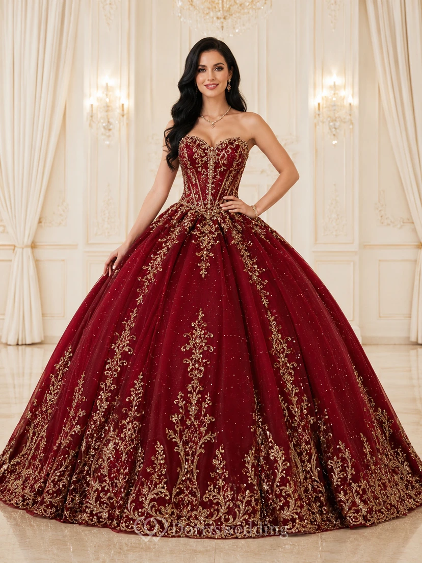 Gilded Court Burgundy Ball Gown Floor-Length Strapless Sleeveless Tulle Luxury Prom Dress