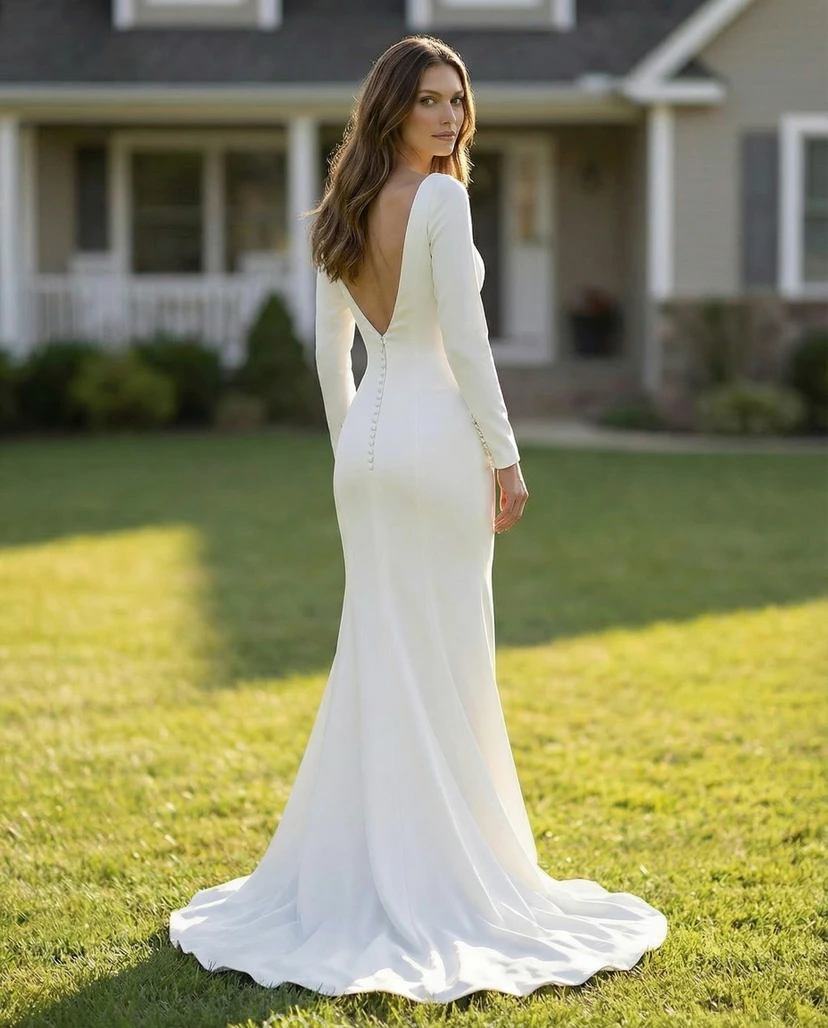 Deep-V Back Floor Length Simple Wedding Dress view 2