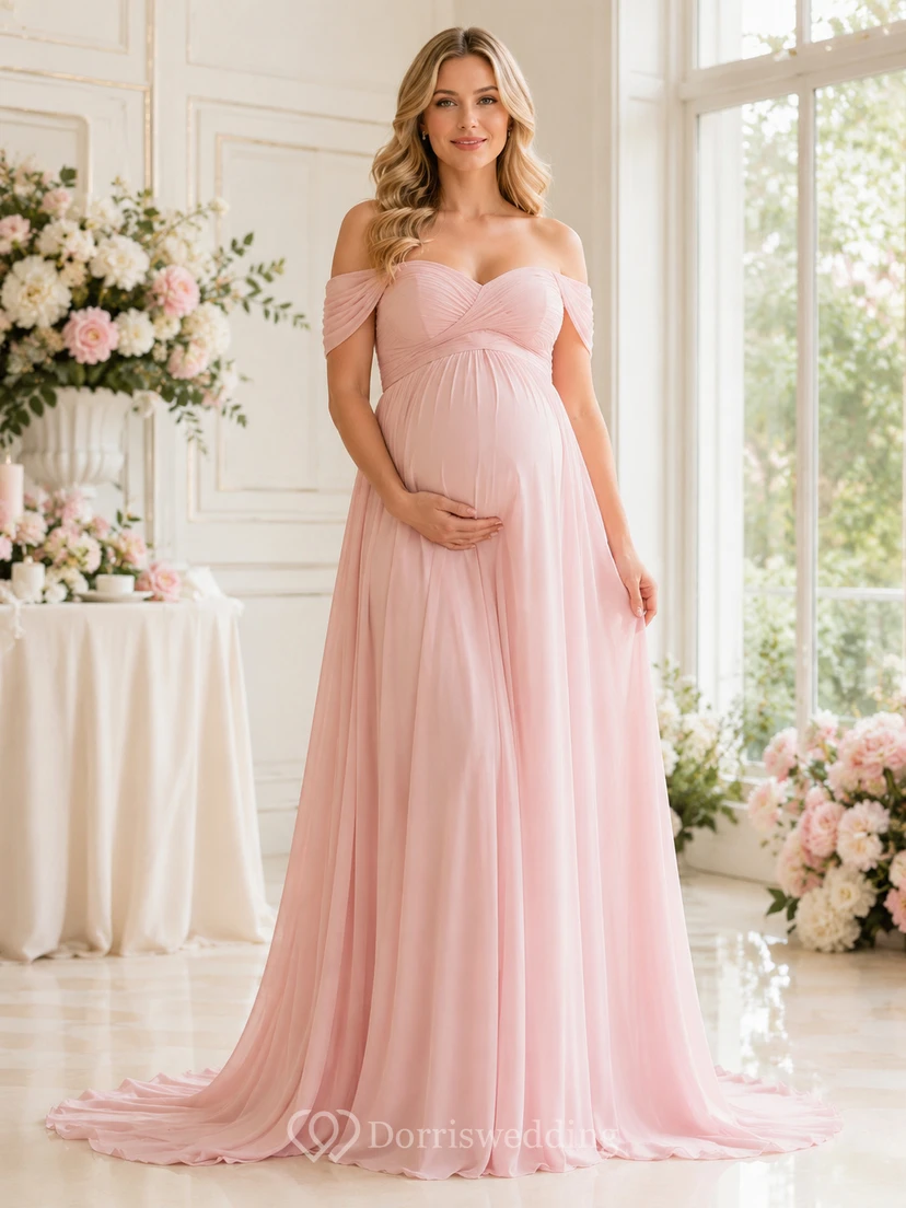 Vestido formal largo hasta el suelo de gasa de lujo color rosa rubor para embarazadas, con escote corazón y hombros descubiertos, estilo imperio.