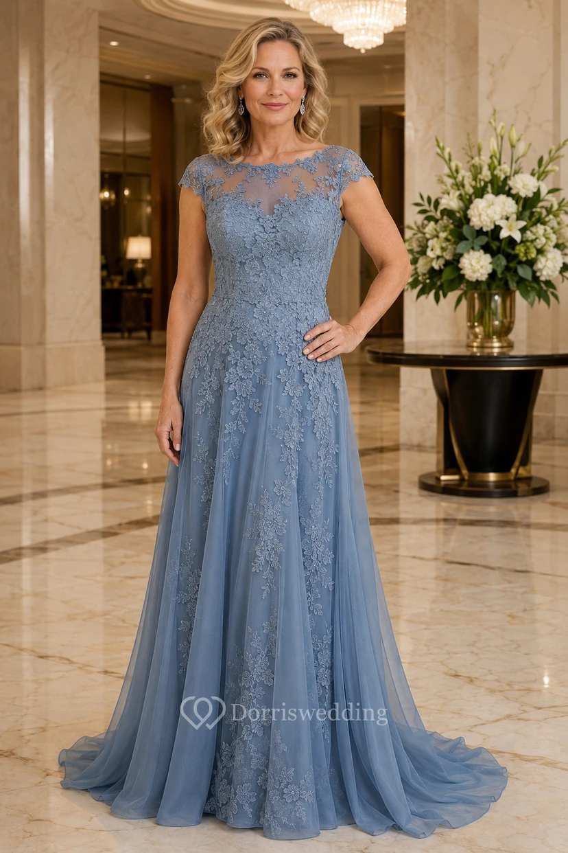 Stahlblaues A-Linien-Kleid aus Spitze und Tüll mit kurzen Ärmeln