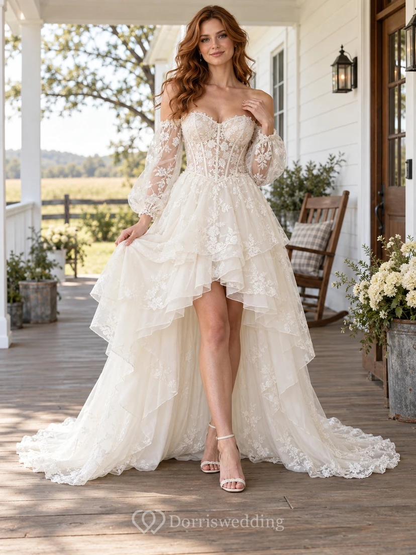 Country High-low Long Sleeve Off Shoulder Corset Lace Wedding Dress