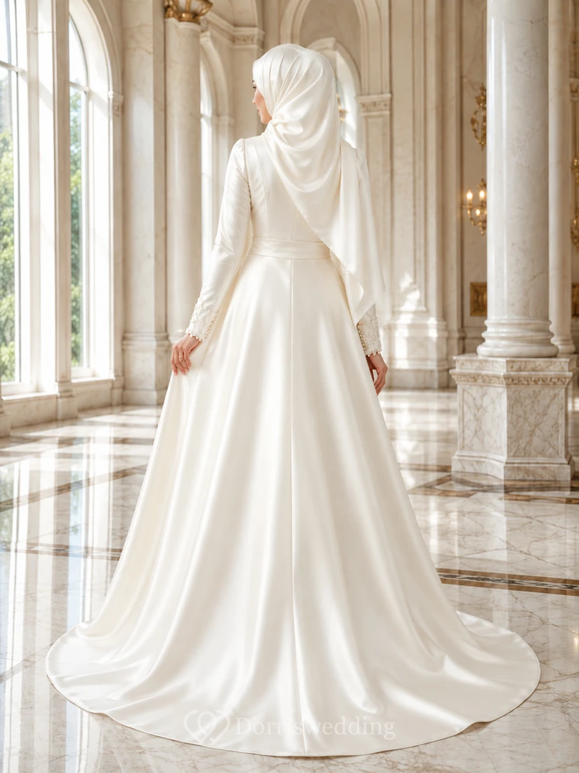 Vestido de novia musulmán modesto de satén con cuello alto, corte en A y cola larga. view 2
