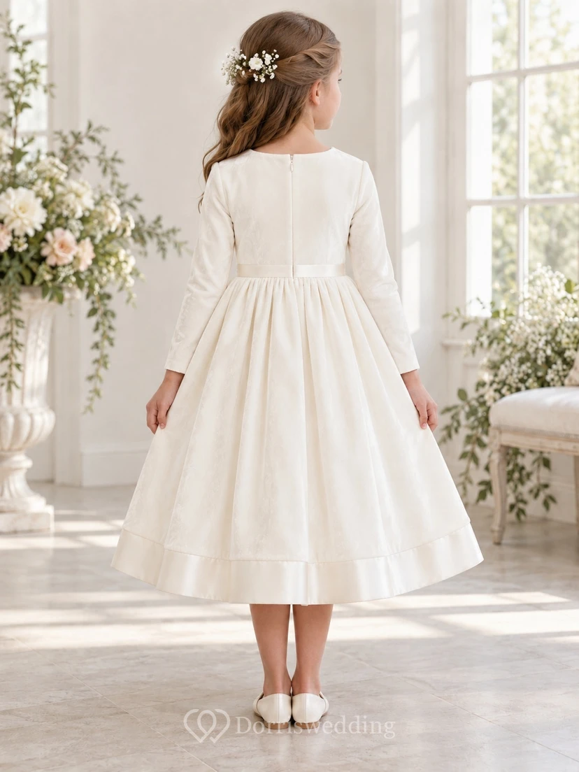 Schlichtes, langärmeliges, elfenbeinfarbenes, teelanges Samtkleid mit breiter Schärpe und vollem Bandbesatz für Blumenmädchen view 2