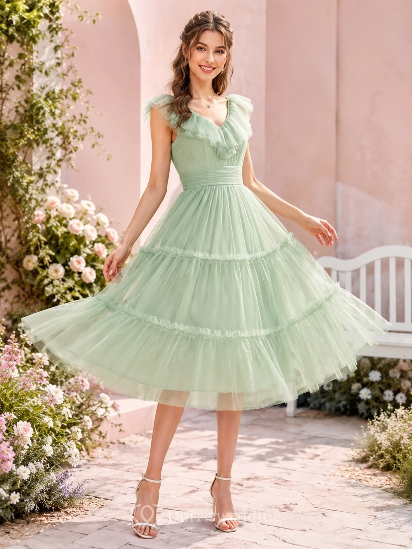 Mint Tulle Square-Neck Short-Sleeve Tiered Tea-Length Party Dress