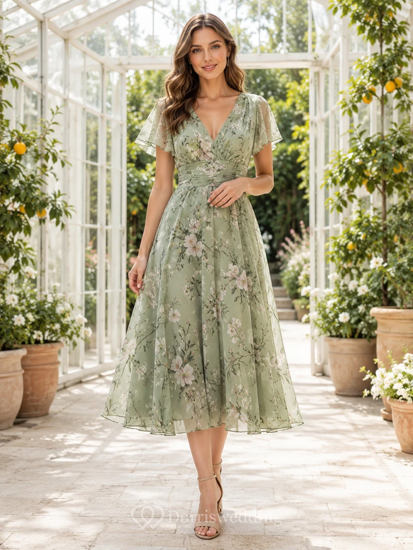 Sage Greenhouse Hochzeitsgastkleid, A-Linie, Chiffon, Spitze, V-Ausschnitt, kurze Ärmel, Teelänge, Blumenmuster